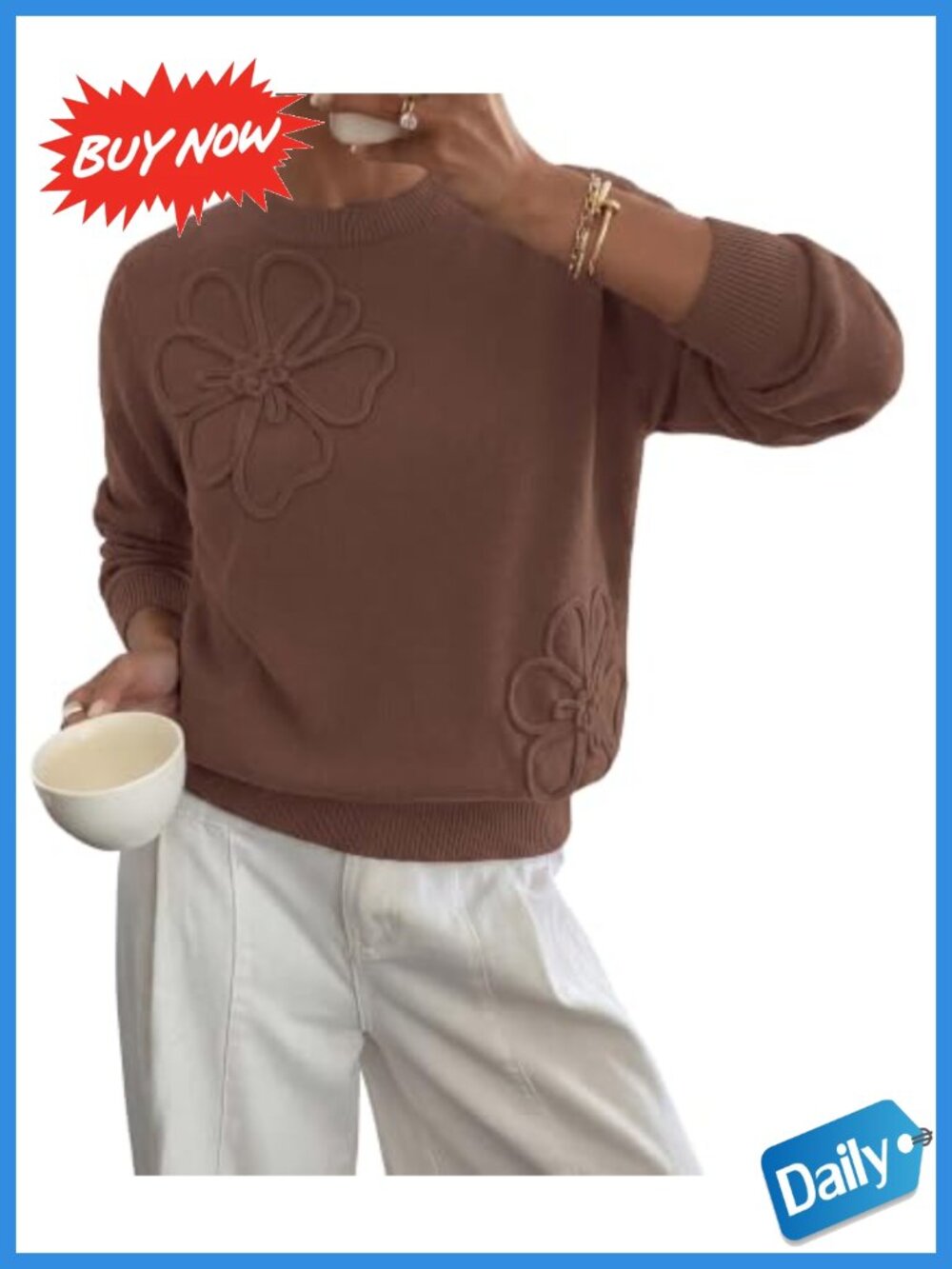 Women's Floral Embroidered Crew Neck Pullover Sweater Long Sleeve Knit